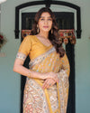 Golden Mustard Handloom Cotton Saree with Floral Vines & Graceful Deer Pallu