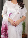 Pearl White Satin Georgette Ombre Rose Printed Saree with Attached Blouse – Buy Online