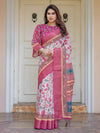 Off-White & Rani Pink Handloom Cotton Leaf Printed Saree with Zari Border & Tassels – Traditional Ethnic Wear