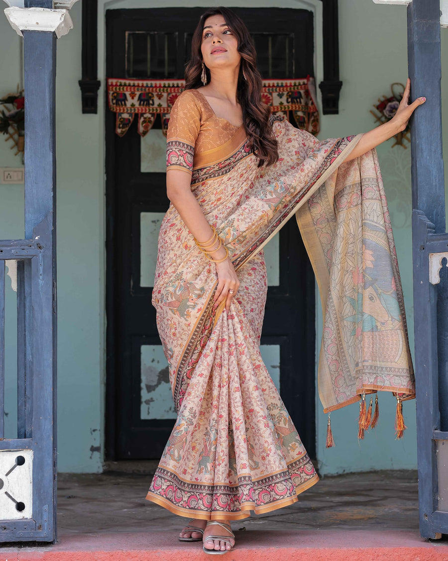 Beige & Maroon Handloom Cotton Saree with Floral Vine Print & Mythical Madhubani Cow Pallu