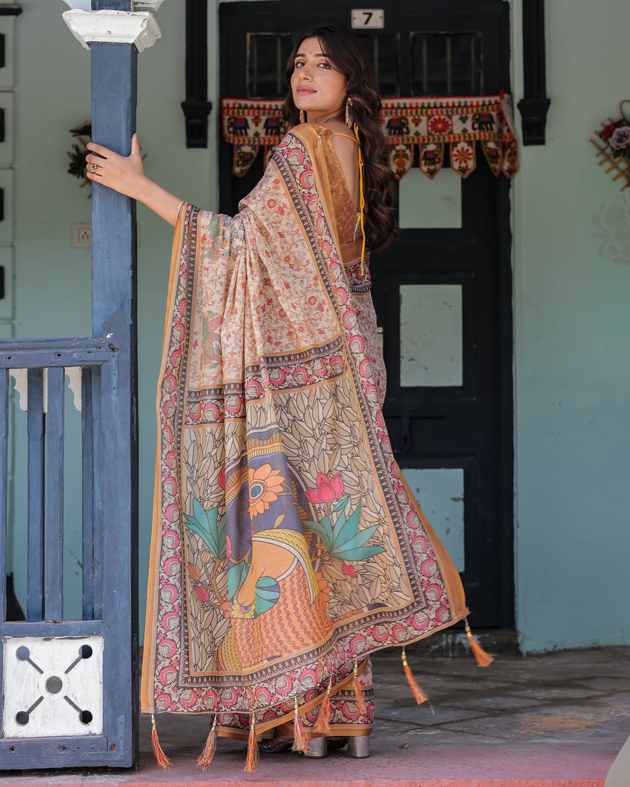 Beige & Maroon Handloom Cotton Saree with Floral Vine Print & Mythical Madhubani Cow Pallu
