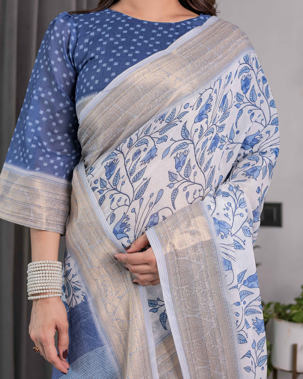 Sky Blue & White Handloom Linen Saree with Floral Vine Print, Geometric Pallu & Zari Border | 5.5m Saree + 0.8m Blouse