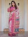 Off-White & Rani Pink Handloom Cotton Leaf Printed Saree with Zari Border & Tassels – Traditional Ethnic Wear