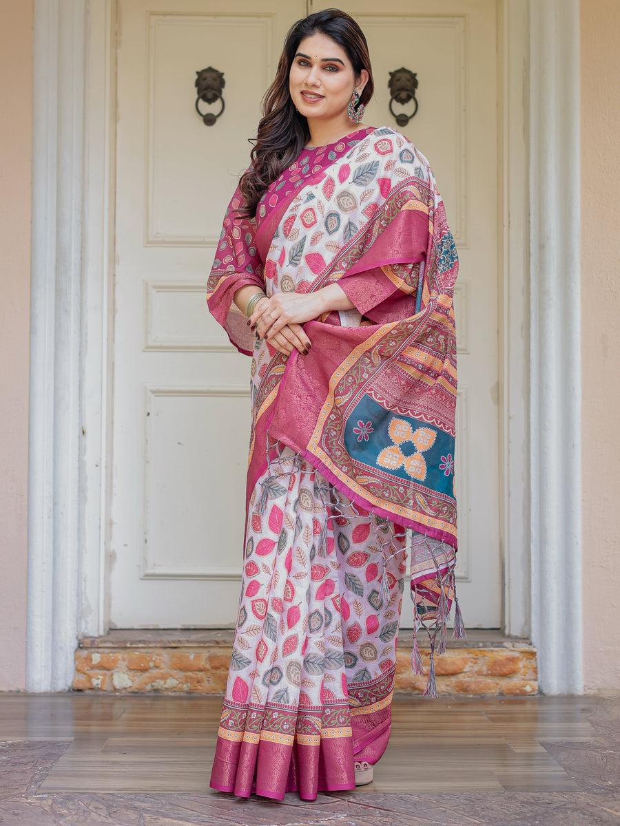 Off-White & Rani Pink Handloom Cotton Leaf Printed Saree with Zari Border & Tassels – Traditional Ethnic Wear
