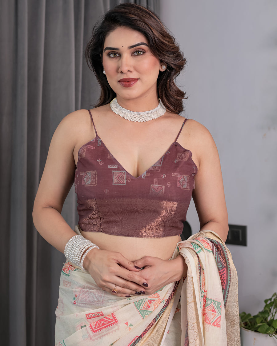 Ivory Handloom Linen Saree with Maroon Tribal Digital Print & Zari Border | Ethnic Chic | 5.5m Saree + 0.8m Blouse