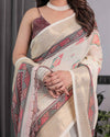 Ivory Handloom Linen Saree with Maroon Tribal Digital Print & Zari Border | Ethnic Chic | 5.5m Saree + 0.8m Blouse