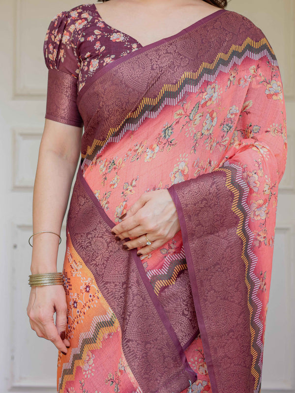 Peach Coral & Maroon Handloom Cotton Floral Printed Saree with Zari Border & Tassels – Festive Traditional Wear