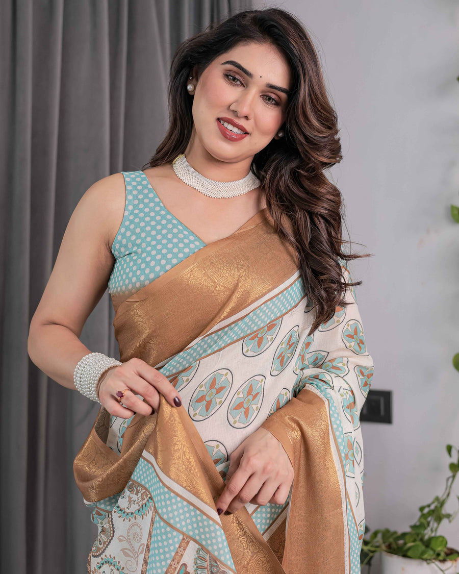 Ivory Handloom Linen Saree with Aqua Blue Mandala Motifs & Copper Zari Border | Artistic Printed Pallu & Tassels | 5.5m Saree + 0.8m Blouse