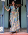 Divine Blue Handloom Cotton Saree with Shankh & Krishna Pallu Motifs – Temple Border & Tassels