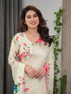 Ivory Cream Satin Georgette Floral & Bird Printed Saree with Attached Blouse – Elegant Nature-Inspired Designer Saree