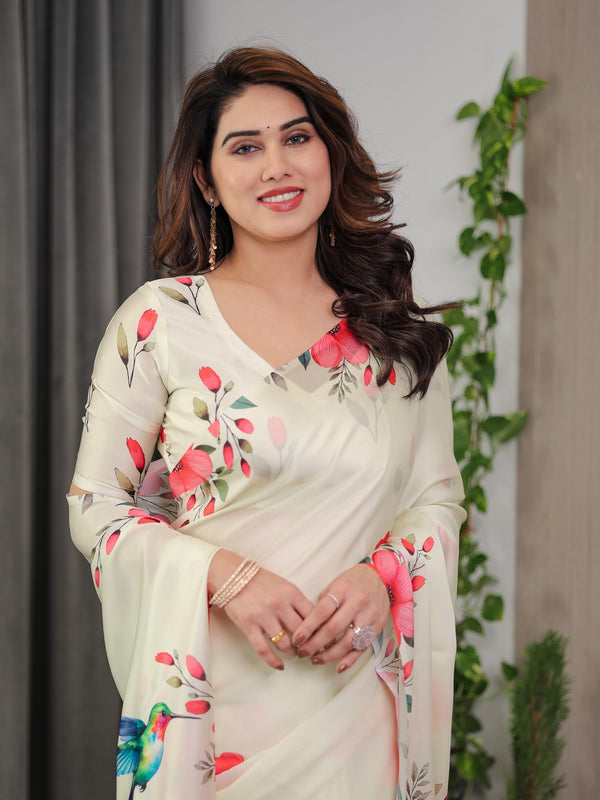 Ivory Cream Satin Georgette Floral & Bird Printed Saree with Attached Blouse – Elegant Nature-Inspired Designer Saree