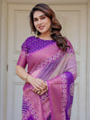 Royal Purple & Rani Pink Dual Tone Silk Saree with Gold Zari Circular Motifs, Striped Pallu & Tassels – Festive Traditional Wear