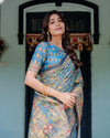 Divine Blue Handloom Cotton Saree with Shankh & Krishna Pallu Motifs – Temple Border & Tassels