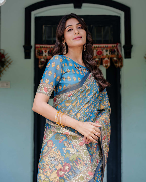 Divine Blue Handloom Cotton Saree with Shankh & Krishna Pallu Motifs – Temple Border & Tassels