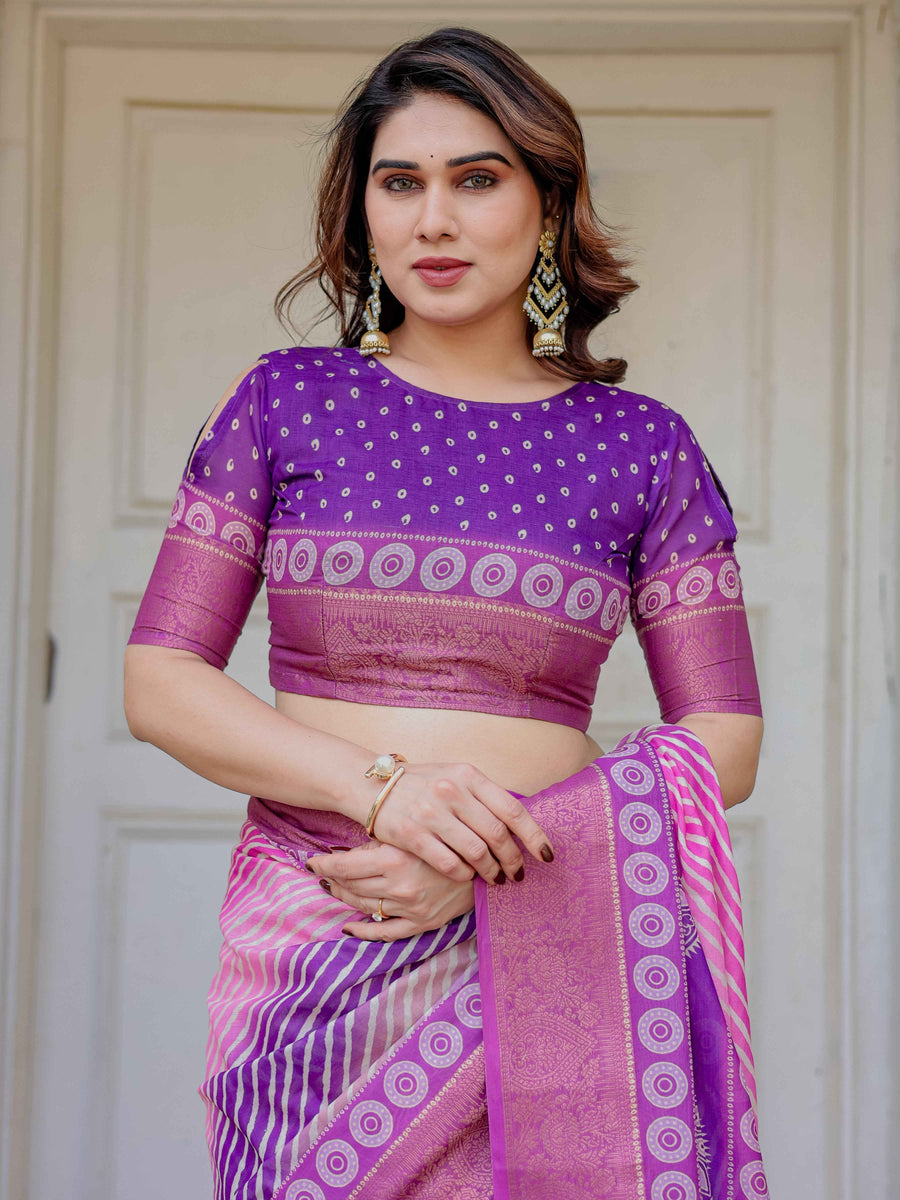 Royal Purple & Rani Pink Dual Tone Silk Saree with Gold Zari Circular Motifs, Striped Pallu & Tassels – Festive Traditional Wear