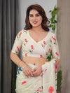 Ivory Cream Satin Georgette Floral & Bird Printed Saree with Attached Blouse – Elegant Nature-Inspired Designer Saree