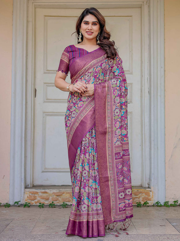 Wine Purple Multicolor Floral Woven Saree with Antique Zari Border & Rich Designer Pallu – Festive Ethnic Wear