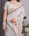White & Grey Handloom Linen Saree with Tribal Village Print, Zari Borders & Tassel Pallu | 5.5m Saree + 0.8m Blouse