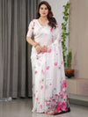 White Satin Georgette Floral Printed Saree with Pink Blossom Border & Attached Blouse – Elegant Lightweight Designer Drape