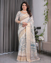 Ivory Beige Handloom Linen Saree with Teal Floral Buta & Paisley Border | Ethnic Printed Pallu & Zari Highlights | 5.5m Saree + 0.8m Blouse