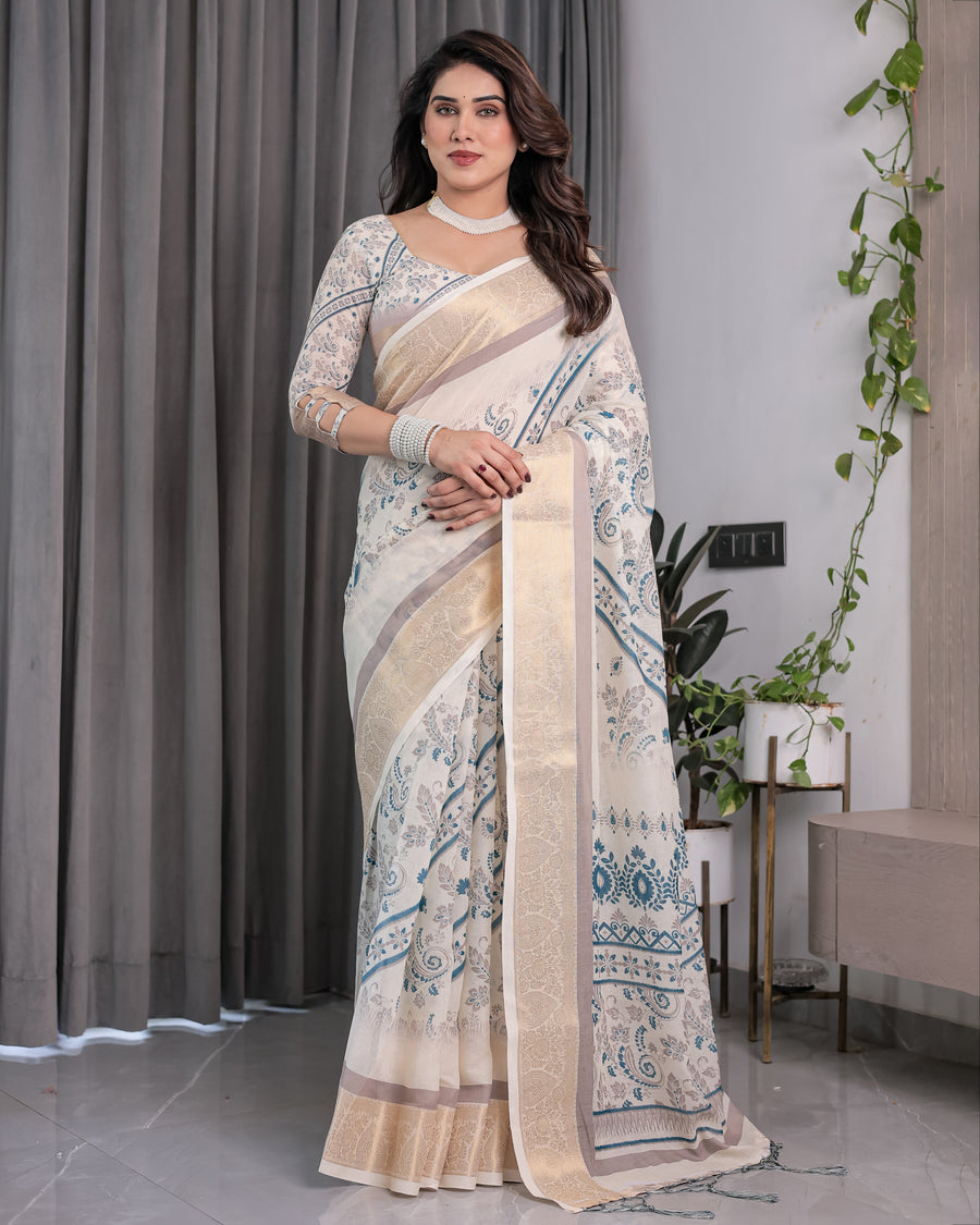 Ivory Beige Handloom Linen Saree with Teal Floral Buta & Paisley Border | Ethnic Printed Pallu & Zari Highlights | 5.5m Saree + 0.8m Blouse