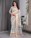 Ivory Beige Handloom Linen Saree with Teal Floral Buta & Paisley Border | Ethnic Printed Pallu & Zari Highlights | 5.5m Saree + 0.8m Blouse