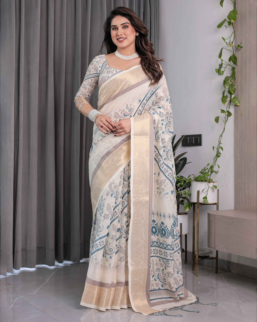 Ivory Beige Handloom Linen Saree with Teal Floral Buta & Paisley Border | Ethnic Printed Pallu & Zari Highlights | 5.5m Saree + 0.8m Blouse