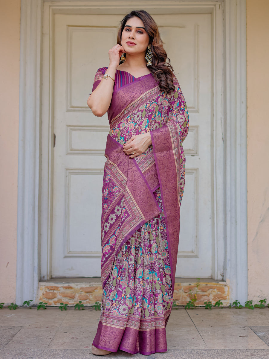 Wine Purple Multicolor Floral Woven Saree with Antique Zari Border & Rich Designer Pallu – Festive Ethnic Wear