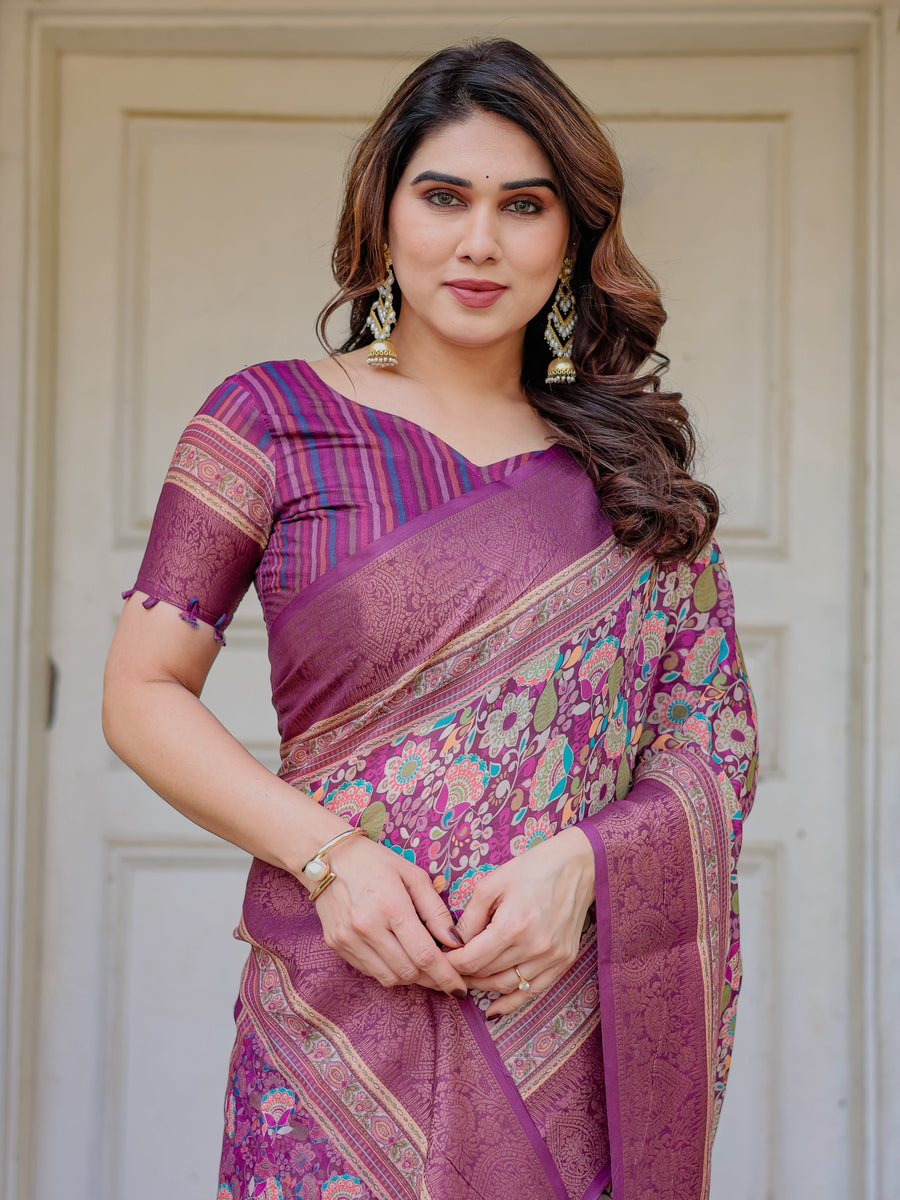 Wine Purple Multicolor Floral Woven Saree with Antique Zari Border & Rich Designer Pallu – Festive Ethnic Wear
