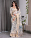 Ivory Beige Handloom Linen Saree with Teal Floral Buta & Paisley Border | Ethnic Printed Pallu & Zari Highlights | 5.5m Saree + 0.8m Blouse