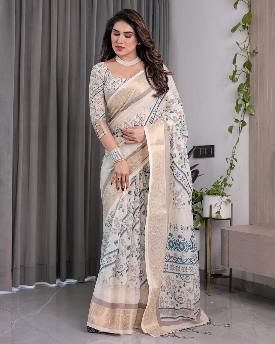 Ivory Beige Handloom Linen Saree with Teal Floral Buta & Paisley Border | Ethnic Printed Pallu & Zari Highlights | 5.5m Saree + 0.8m Blouse