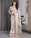 Ivory Beige Handloom Linen Saree with Teal Floral Buta & Paisley Border | Ethnic Printed Pallu & Zari Highlights | 5.5m Saree + 0.8m Blouse