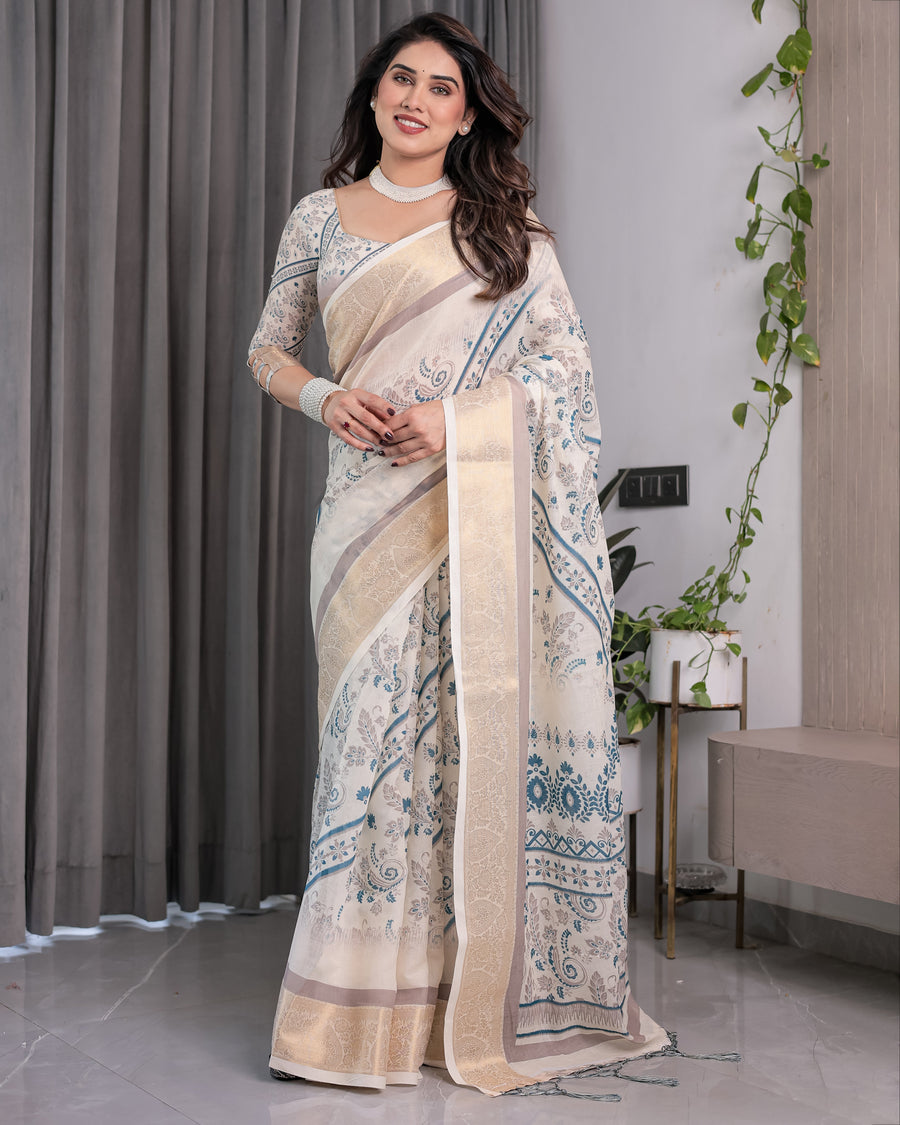 Ivory Beige Handloom Linen Saree with Teal Floral Buta & Paisley Border | Ethnic Printed Pallu & Zari Highlights | 5.5m Saree + 0.8m Blouse