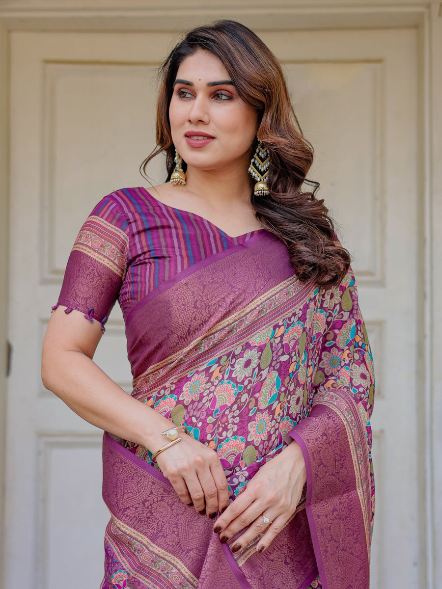 Wine Purple Multicolor Floral Woven Saree with Antique Zari Border & Rich Designer Pallu – Festive Ethnic Wear