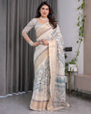 Ivory Beige Handloom Linen Saree with Teal Floral Buta & Paisley Border | Ethnic Printed Pallu & Zari Highlights | 5.5m Saree + 0.8m Blouse