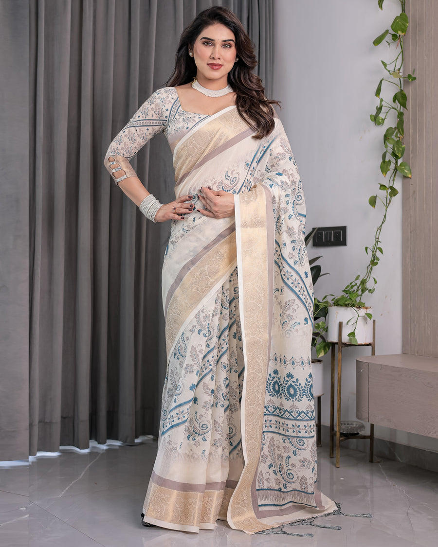 Ivory Beige Handloom Linen Saree with Teal Floral Buta & Paisley Border | Ethnic Printed Pallu & Zari Highlights | 5.5m Saree + 0.8m Blouse