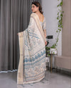 Ivory Beige Handloom Linen Saree with Teal Floral Buta & Paisley Border | Ethnic Printed Pallu & Zari Highlights | 5.5m Saree + 0.8m Blouse
