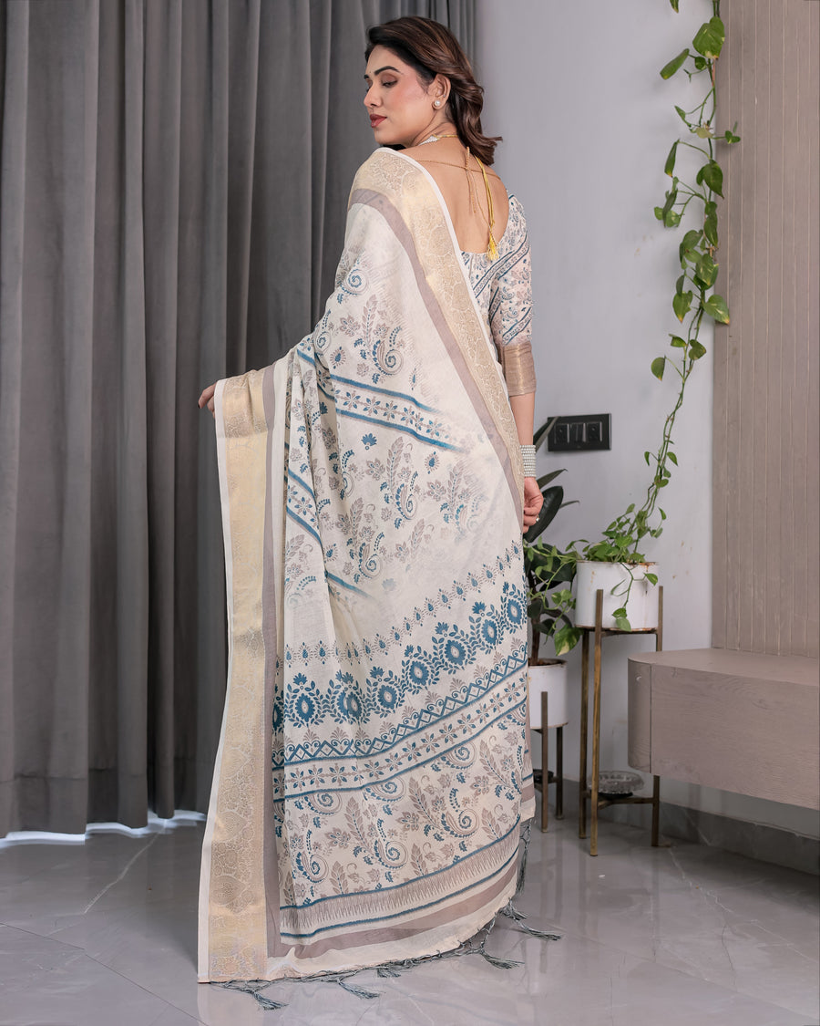 Ivory Beige Handloom Linen Saree with Teal Floral Buta & Paisley Border | Ethnic Printed Pallu & Zari Highlights | 5.5m Saree + 0.8m Blouse