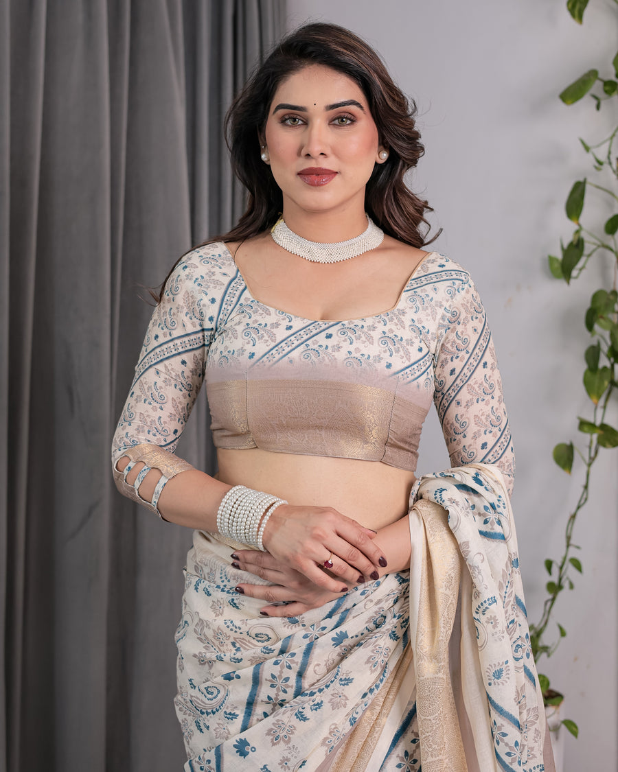 Ivory Beige Handloom Linen Saree with Teal Floral Buta & Paisley Border | Ethnic Printed Pallu & Zari Highlights | 5.5m Saree + 0.8m Blouse