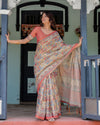 Rust Beige Handloom Cotton Saree with Vibrant Elephant Parade Print & Red Floral Pallu