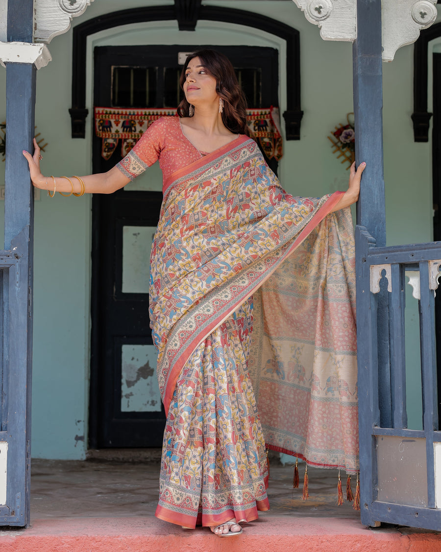 Rust Beige Handloom Cotton Saree with Vibrant Elephant Parade Print & Red Floral Pallu