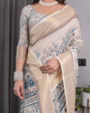 Ivory Beige Handloom Linen Saree with Teal Floral Buta & Paisley Border | Ethnic Printed Pallu & Zari Highlights | 5.5m Saree + 0.8m Blouse