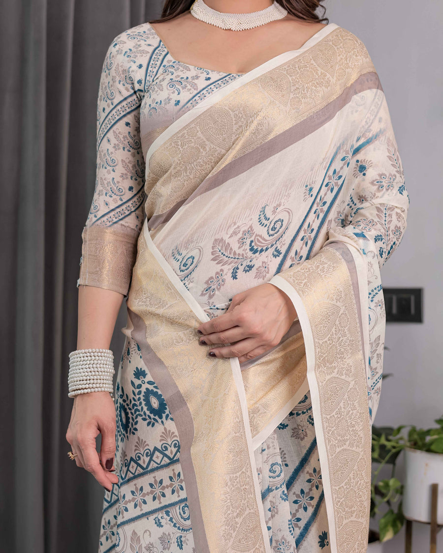 Ivory Beige Handloom Linen Saree with Teal Floral Buta & Paisley Border | Ethnic Printed Pallu & Zari Highlights | 5.5m Saree + 0.8m Blouse