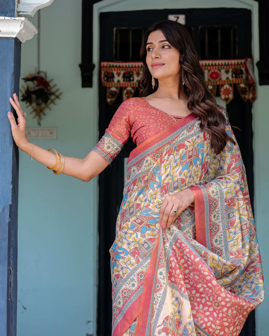 Rust Beige Handloom Cotton Saree with Vibrant Elephant Parade Print & Red Floral Pallu