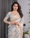Ivory Beige Handloom Linen Saree with Teal Floral Buta & Paisley Border | Ethnic Printed Pallu & Zari Highlights | 5.5m Saree + 0.8m Blouse