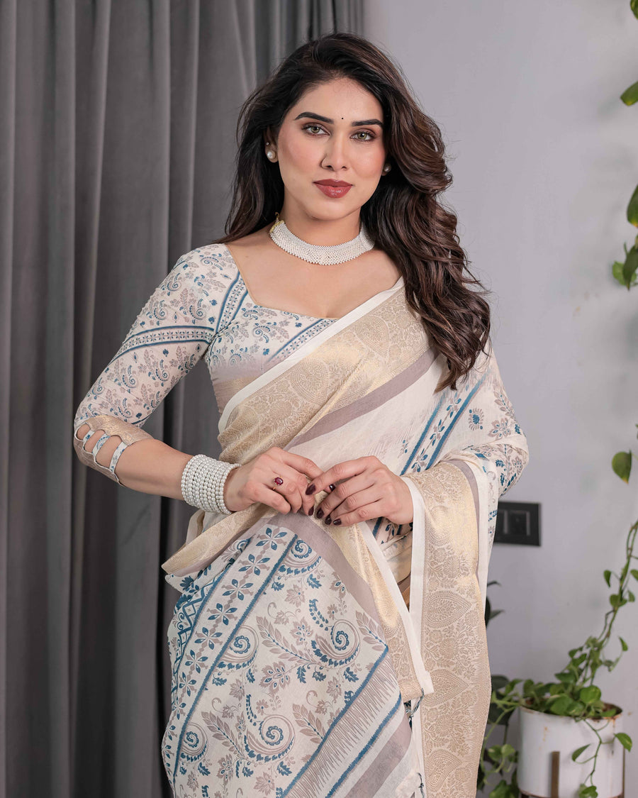 Ivory Beige Handloom Linen Saree with Teal Floral Buta & Paisley Border | Ethnic Printed Pallu & Zari Highlights | 5.5m Saree + 0.8m Blouse