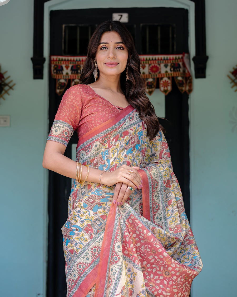 Rust Beige Handloom Cotton Saree with Vibrant Elephant Parade Print & Red Floral Pallu