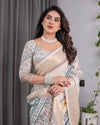 Ivory Beige Handloom Linen Saree with Teal Floral Buta & Paisley Border | Ethnic Printed Pallu & Zari Highlights | 5.5m Saree + 0.8m Blouse