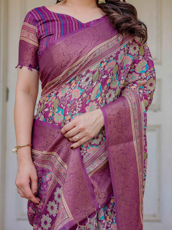 Wine Purple Multicolor Floral Woven Saree with Antique Zari Border & Rich Designer Pallu – Festive Ethnic Wear