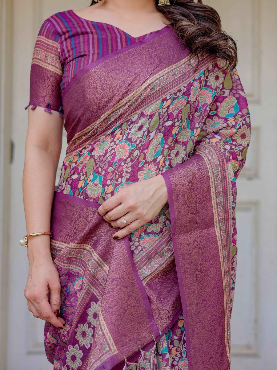 Wine Purple Multicolor Floral Woven Saree with Antique Zari Border & Rich Designer Pallu – Festive Ethnic Wear